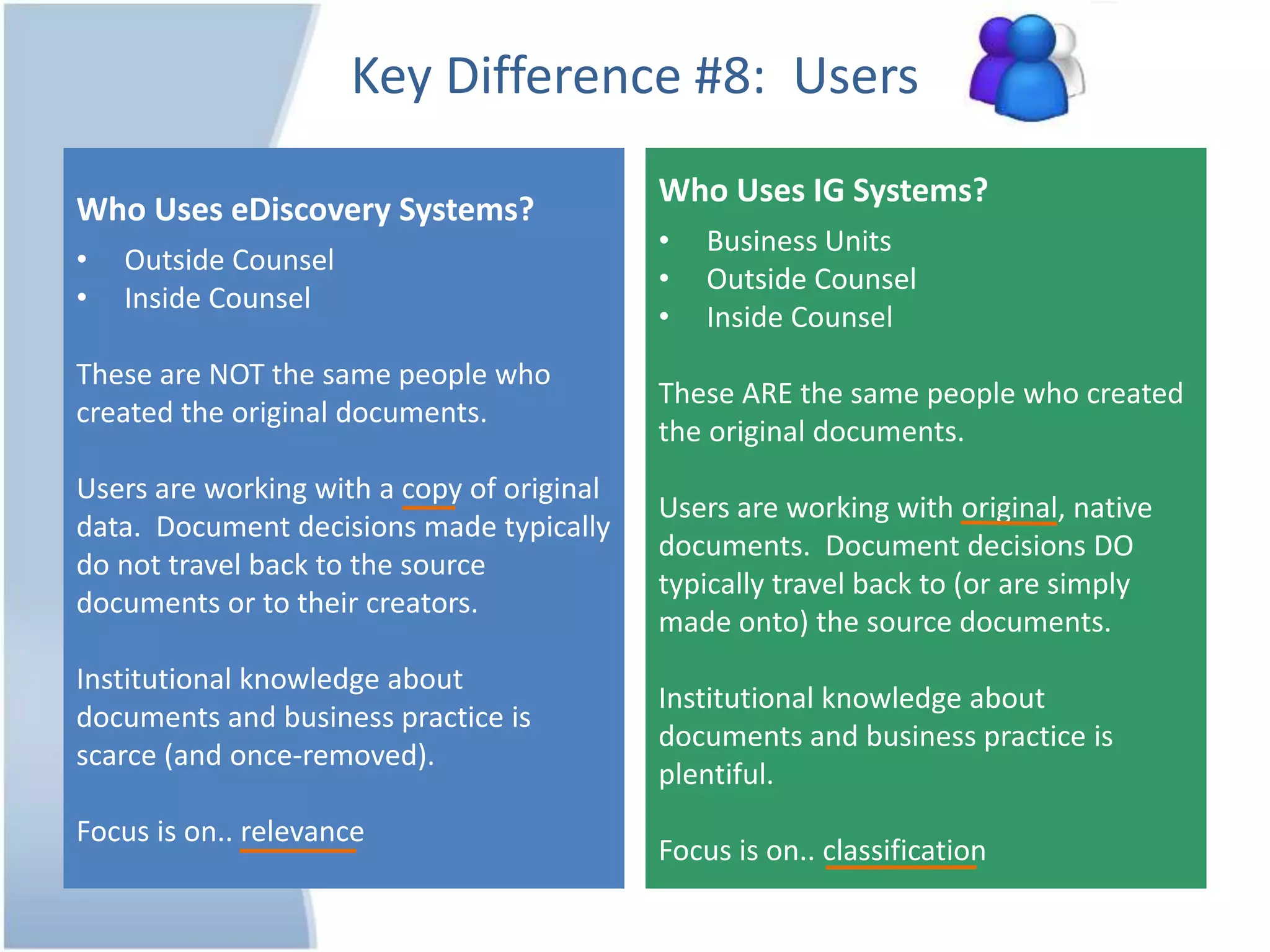 Key Difference #8: Users
Who Uses eDiscovery Systems?
• Outside Counsel
• Inside Counsel
These are NOT the same people who
created the original documents.
Users are working with a copy of original
data. Document decisions made typically
do not travel back to the source
documents or to their creators.
Institutional knowledge about
documents and business practice is
scarce (and once-removed).
Focus is on.. relevance
Who Uses IG Systems?
• Business Units
• Outside Counsel
• Inside Counsel
These ARE the same people who created
the original documents.
Users are working with original, native
documents. Document decisions DO
typically travel back to (or are simply
made onto) the source documents.
Institutional knowledge about
documents and business practice is
plentiful.
Focus is on.. classification
 