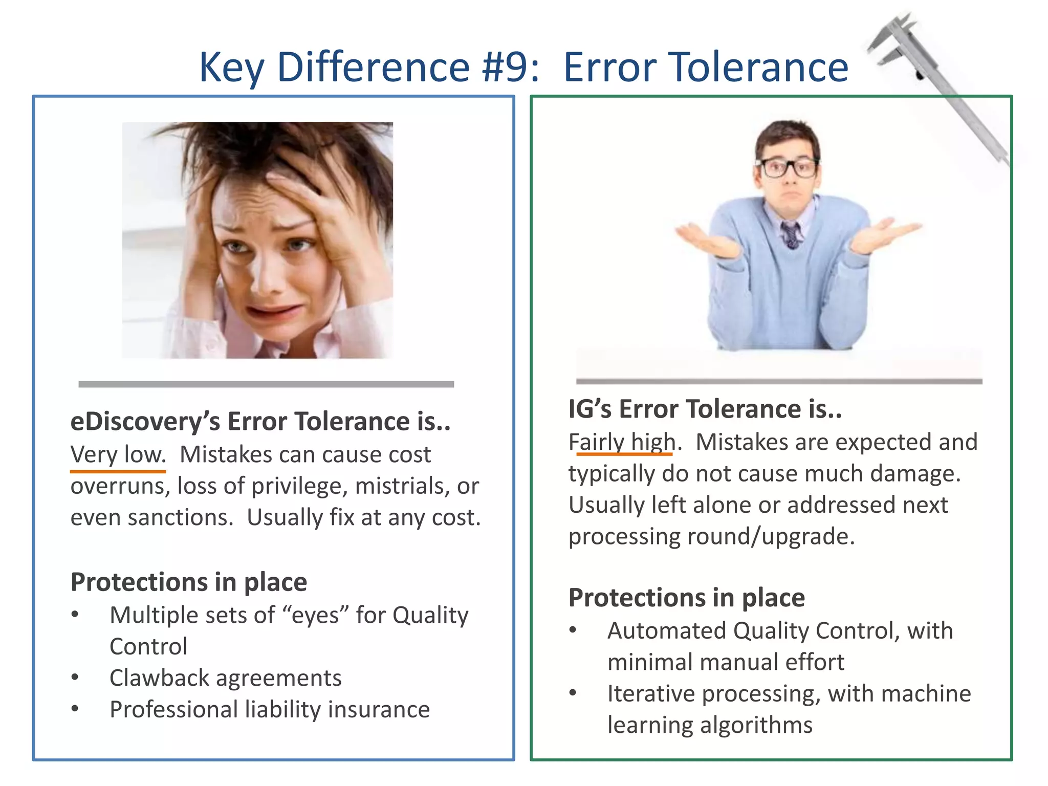Key Difference #9: Error Tolerance
eDiscovery’s Error Tolerance is..
Very low. Mistakes can cause cost
overruns, loss of privilege, mistrials, or
even sanctions. Usually fix at any cost.
Protections in place
• Multiple sets of “eyes” for Quality
Control
• Clawback agreements
• Professional liability insurance
IG’s Error Tolerance is..
Fairly high. Mistakes are expected and
typically do not cause much damage.
Usually left alone or addressed next
processing round/upgrade.
Protections in place
• Automated Quality Control, with
minimal manual effort
• Iterative processing, with machine
learning algorithms
 