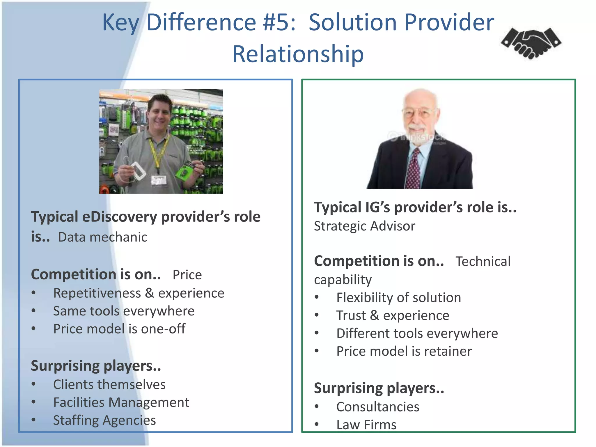 Key Difference #5: Solution Provider
Relationship
Typical eDiscovery provider’s role
is.. Data mechanic
Competition is on.. Price
• Repetitiveness & experience
• Same tools everywhere
• Price model is one-off
Surprising players..
• Clients themselves
• Facilities Management
• Staffing Agencies
Typical IG’s provider’s role is..
Strategic Advisor
Competition is on.. Technical
capability
• Flexibility of solution
• Trust & experience
• Different tools everywhere
• Price model is retainer
Surprising players..
• Consultancies
• Law Firms
 