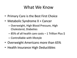 What We Know
• Primary Care is the Best First Choice
• Metabolic Syndrome X + Cancer
  – Overweight, High Blood Pressure, High
    Cholesterol, Diabeties
  – 85% of all health care costs – 1 Trillion Plus $
  – Controllable with lifestyle
• Overweight Americans more than 65%
• Health Insurance High Deductibles
 