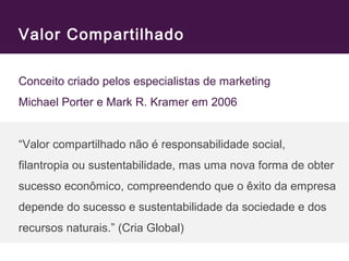 Valor Compartilhado 
Conceito criado pelos especialistas de marketing 
Michael Porter e Mark R. Kramer em 2006 
“Valor compartilhado não é responsabilidade social, 
filantropia ou sustentabilidade, mas uma nova forma de obter 
sucesso econômico, compreendendo que o êxito da empresa 
depende do sucesso e sustentabilidade da sociedade e dos 
recursos naturais.” (Cria Global) 
 