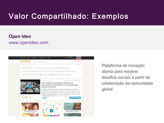 Valor Compartilhado: Exemplos 
Open Ideo 
www.openideo.com 
Plataforma de inovação 
aberta para resolver 
desafios sociais a partir da 
colaboração da comunidade 
global. 
 