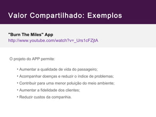 Valor Compartilhado: Exemplos 
"Burn The Miles" App 
http://www.youtube.com/watch?v=_Urs1cFZjtA 
O projeto do APP permite: 
• Aumentar a qualidade de vida do passageiro; 
• Acompanhar doenças e reduzir o índice de problemas; 
• Contribuir para uma menor poluição do meio ambiente; 
• Aumentar a fidelidade dos clientes; 
• Reduzir custos da companhia. 
 