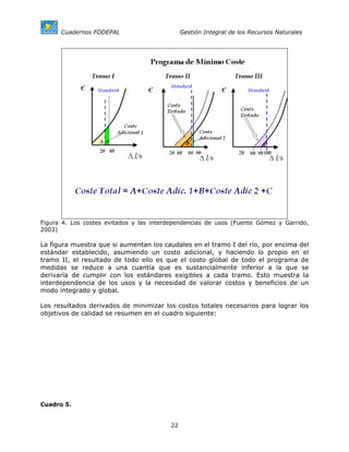 Cuadernos FODEPAL                       Gestión Integral de los Recursos Naturales




Figura 4. Los costes evitados y las interdependencias de usos (Fuente Gómez y Garrido,
2003)

La figura muestra que si aumentan los caudales en el tramo I del río, por encima del
estándar establecido, asumiendo un costo adicional, y haciendo lo propio en el
tramo II, el resultado de todo ello es que el costo global de todo el programa de
medidas se reduce a una cuantía que es sustancialmente inferior a la que se
derivaría de cumplir con los estándares exigibles a cada tramo. Esto muestra la
interdependencia de los usos y la necesidad de valorar costos y beneficios de un
modo integrado y global.

Los resultados derivados de minimizar los costos totales necesarios para lograr los
objetivos de calidad se resumen en el cuadro siguiente:




Cuadro 5.


                                         22
 