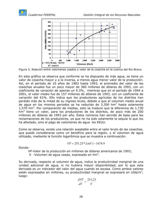 Cuadernos FODEPAL                         Gestión Integral de los Recursos Naturales




Figura 5. Relación entre volúmenes usados y valor de la cosecha en la cuenca del Río Bravo.

En esta gráfica se observa que conforme se ha dispuesto de más agua, se tiene un
valor de cosecha mayor y a la inversa, a menos agua menor valor de la producción.
Así, en el período de 10 años de 1983 hasta 1993, el promedio del valor de las
cosechas anuales fue un poco mayor de 360 millones de dólares de 1993, con un
coeficiente de variación de apenas un 9.3%, mientras que en el período de 1994 a
2001, el valor medio fue de 157 millones de dólares de 1993, con un coeficiente de
variación del 61%. Ello indica que los productores agrícolas de los distritos han
perdido más de la mitad de su ingreso bruto, debido a que el volumen medio anual
de agua en los mismos periodos se ha reducido de 3,300 hm3 hasta solamente
1,570 hm3. Por comparación de medias, esto se traduce que la diferencia de 1,730
hm3 tiene un valor, para los productores de los distritos, de poco más de 200
millones de dólares de 1993 por año. Estos números han servido de base para las
reclamaciones de los productores, ya que no ha sido solamente la sequía lo que los
ha afectado, sino el pago de volúmenes de agua los EEUU.

Como se observa, existe una relación aceptable entre el valor bruto de las cosechas,
que puede considerarse como un beneficio para la región, y el volumen de agua
utilizado, mediante la función logarítmica que se muestra a continuación.

                                   VP = 251.23 * Ln(V ) − 1674.9
Donde:
     VP-Valor de la producción en millones de dólares americanos de 1993;
      V -Volumen de agua usada, expresado en hm3.

Su derivada, respecto al volumen     de agua, indica la productividad marginal de una
unidad adicional de agua, si no       hubiera mayor disponibilidad, por lo que esta
derivada es un indicador del valor   del agua cuando es escasa. Como ambos valores
están expresados en millones, su     productividad marginal se expresará en US$/m3,
luego:
                                           dVP 251.23
                                              =
                                           dV    V


                                            28
 