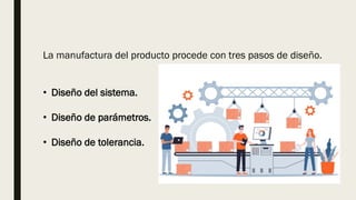 La manufactura del producto procede con tres pasos de diseño.
• Diseño del sistema.
• Diseño de parámetros.
• Diseño de tolerancia.
 