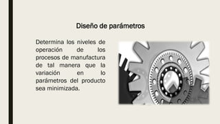 Diseño de parámetros
Determina los niveles de
operación de los
procesos de manufactura
de tal manera que la
variación en lo
parámetros del producto
sea minimizada.
 