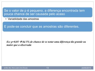 24/05/2015profa. dra. Ana Luiza Lima Sousa 13
Se o valor de p é pequeno, a diferença encontrada tem
pouca chance de ser causada pelo acaso
• Variablidade das amostras
E pode-se concluir que as amostras são diferentes.
Ex: p=0,05  há 5% de chance de se notar uma diferença tão grande ou
maior que a observada
 