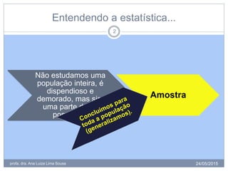 Entendendo a estatística...
24/05/2015profa. dra. Ana Luiza Lima Sousa
2
Não estudamos uma
população inteira, é
dispendioso e
demorado, mas sim
uma parte desta
população
Amostra
 
