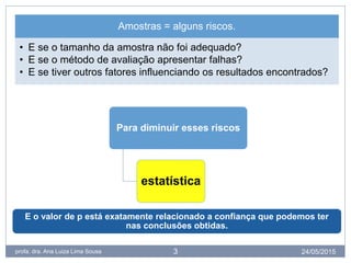 24/05/2015profa. dra. Ana Luiza Lima Sousa 3
Para diminuir esses riscos
estatística
Amostras = alguns riscos.
• E se o tamanho da amostra não foi adequado?
• E se o método de avaliação apresentar falhas?
• E se tiver outros fatores influenciando os resultados encontrados?
E o valor de p está exatamente relacionado a confiança que podemos ter
nas conclusões obtidas.
 
