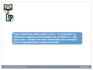 24/05/2015profa. dra. Ana Luiza Lima Sousa 7
Toda inferência está sujeita a erro. A conclusão se
baseia em apenas uma amostra do universo e – por
puro azar – podem ter sido observada uma amostra
pouco representativa desse universo.
 
