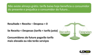 Não existe almoço grátis: tarifa baixa hoje beneficia o consumidor
do presente e prejudica o consumidor do futuro...
Resultado = Receita – Despesa = 0
Se Receita < Despesas (tarifa < tarifa justa)
Consumidores do futuro pagarão tarifa
mais elevada ou não terão serviços
 
