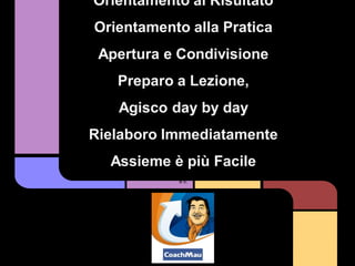 Orientamento al Risultato
Orientamento alla Pratica
 Apertura e Condivisione
   Preparo a Lezione,
   Agisco day by day
Rielaboro Immediatamente
  Assieme è più Facile
           è li:
 