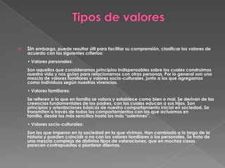Tipos de valoresSin embargo, puede resultar útil para facilitar su comprensión, clasificar los valores de acuerdo con los siguientes criterios:• Valores personales:Son aquellos que consideramos principios indispensables sobre los cuales construimos nuestra vida y nos guían para relacionarnos con otras personas. Por lo general son una mezcla de valores familiares y valores socio-culturales, junto a los que agregamos como individuos según nuestras vivencias.• Valores familiares:Se refieren a lo que en familia se valora y establece como bien o mal. Se derivan de las creencias fundamentales de los padres, con las cuales educan a sus hijos. Son principios y orientaciones básicas de nuestro comportamiento inicial en sociedad. Se transmiten a través de todos los comportamientos con los que actuamos en familia, desde los más sencillos hasta los más “solemnes”.• Valores socio-culturales:Son los que imperan en la sociedad en la que vivimos. Han cambiado a lo largo de la historia y pueden coincidir o no con los valores familiares o los personales. Se trata de una mezcla compleja de distintos tipos de valoraciones, que en muchos casos parecen contrapuestas o plantean dilemas.
