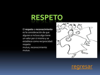 El respeto o reconocimiento
es la consideración de que
alguien o incluso algo tiene
un valor por sí mismo y se
establece como reciprocidad:
respeto
mutuo, reconocimiento
mutuo.




                               regresar
 