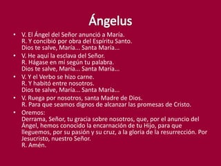 • V. El Ángel del Señor anunció a María.
  R. Y concibió por obra del Espíritu Santo.
  Dios te salve, María... Santa María...
• V. He aquí la esclava del Señor.
  R. Hágase en mí según tu palabra.
  Dios te salve, María... Santa María...
• V. Y el Verbo se hizo carne.
  R. Y habitó entre nosotros.
  Dios te salve, María... Santa María...
• V. Ruega por nosotros, santa Madre de Dios.
  R. Para que seamos dignos de alcanzar las promesas de Cristo.
• Oremos:
  Derrama, Señor, tu gracia sobre nosotros, que, por el anuncio del
  Ángel, hemos conocido la encarnación de tu Hijo, para que
  lleguemos, por su pasión y su cruz, a la gloria de la resurrección. Por
  Jesucristo, nuestro Señor.
  R. Amén.
 