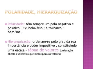  Polaridade: têm sempre um polo negativo e
 positivo . Ex: belo/feio ; alto/baixo ;
 bem/mal.

 Hierarquização:ordenam-se pelo grau da sua
 importância e poder impositivo , constituindo
 uma escala - tábua de valores (ordenação
 aberta e dinâmica que hierarquiza os valores)
 