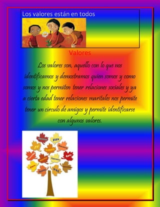 Valores
Los valores son, aquello con lo que nos
identificamos y demostramos quien somos y como
somos y nos permiten tener relaciones sociales y ya
a cierta edad tener relaciones maritales nos permite
tener un círculo de amigos y permite identificarse
con algunos valores.
 