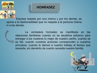 Expresa respeto por uno mismo y por los demás, se 
opone a la deshonestidad que no respeta a la persona misma 
ni a los demás. 
La verdadera honradez se manifiesta en las 
relaciones familiares cuando no se escatima esfuerzo para 
entregar a los nuestros lo mejor de nuestro cariño, cuando se 
es fiel, cuando nuestras acciones corresponden a nuestros 
principios, cuando le damos a nuestro trabajo el tiempo que 
necesita, sin demérito de cuanto necesita nuestra familia. 
 