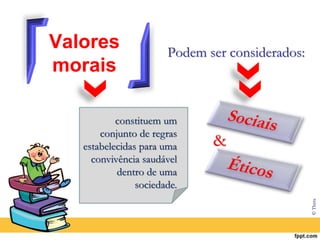 Valores
morais
Podem ser considerados:
&
constituem um
conjunto de regras
estabelecidas para uma
convivência saudável
dentro de uma
sociedade.
© Thera