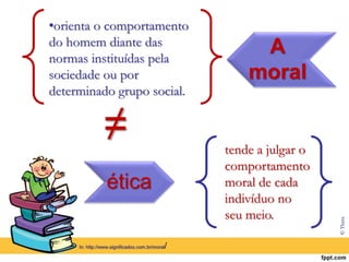 A
moral
•orienta o comportamento
do homem diante das
normas instituídas pela
sociedade ou por
determinado grupo social.
≠
ética
tende a julgar o
comportamento
moral de cada
indivíduo no
seu meio.
In: http://www.significados.com.br/moral/
© Thera