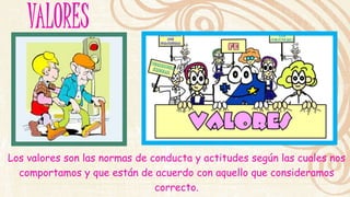 Los valores son las normas de conducta y actitudes según las cuales nos 
comportamos y que están de acuerdo con aquello que consideramos 
correcto. 
 