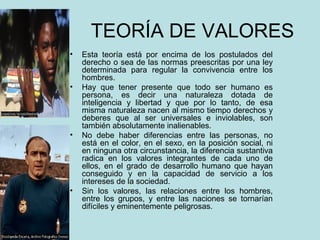 TEORÍA DE VALORES 
• Esta teoría está por encima de los postulados del 
derecho o sea de las normas preescritas por una ley 
determinada para regular la convivencia entre los 
hombres. 
• Hay que tener presente que todo ser humano es 
persona, es decir una naturaleza dotada de 
inteligencia y libertad y que por lo tanto, de esa 
misma naturaleza nacen al mismo tiempo derechos y 
deberes que al ser universales e inviolables, son 
también absolutamente inalienables. 
• No debe haber diferencias entre las personas, no 
está en el color, en el sexo, en la posición social, ni 
en ninguna otra circunstancia, la diferencia sustantiva 
radica en los valores integrantes de cada uno de 
ellos, en el grado de desarrollo humano que hayan 
conseguido y en la capacidad de servicio a los 
intereses de la sociedad. 
• Sin los valores, las relaciones entre los hombres, 
entre los grupos, y entre las naciones se tornarían 
difíciles y eminentemente peligrosas. 
 
