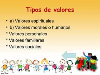 Tipos de valores
• a) Valores espirituales
• b) Valores morales o humanos
* Valores personales
* Valores familiares
* Valores sociales
 