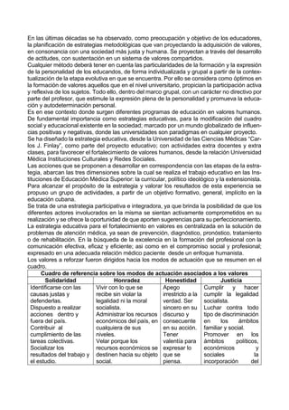 En las últimas décadas se ha observado, como preocupación y objetivo de los educadores,
la planificación de estrategias metodológicas que van proyectando la adquisición de valores,
en consonancia con una sociedad más justa y humana. Se proyectan a través del desarrollo
de actitudes, con sustentación en un sistema de valores compartidos.
Cualquier método deberá tener en cuenta las particularidades de la formación y la expresión
de la personalidad de los educandos, de forma individualizada y grupal a partir de la contex-
tualización de la etapa evolutiva en que se encuentra. Por ello se considera como óptimos en
la formación de valores aquellos que en el nivel universitario, propician la participación activa
y reflexiva de los sujetos. Todo ello, dentro del marco grupal, con un carácter no directivo por
parte del profesor, que estimule la expresión plena de la personalidad y promueva la educa-
ción y autodeterminación personal.
Es en ese contexto donde surgen diferentes programas de educación en valores humanos.
De fundamental importancia como estrategias educativas, para la modificación del cuadro
social y educacional existente en la sociedad; marcado por un mundo globalizado de influen-
cias positivas y negativas, donde las universidades son paradigmas en cualquier proyecto.
Se ha diseñado la estrategia educativa, desde la Universidad de las Ciencias Médicas “Car-
los J. Finlay”, como parte del proyecto educativo; con actividades extra docentes y extra
clases, para favorecer el fortalecimiento de valores humanos, desde la relación Universidad
Médica Instituciones Culturales y Redes Sociales.
Las acciones que se proponen a desarrollar en correspondencia con las etapas de la estra-
tegia, abarcan las tres dimensiones sobre la cual se realiza el trabajo educativo en las Ins-
tituciones de Educación Médica Superior: la curricular, político ideológico y la extensionista.
Para alcanzar el propósito de la estrategia y valorar los resultados de esta experiencia se
propuso un grupo de actividades, a partir de un objetivo formativo, general, implícito en la
educación cubana.
Se trata de una estrategia participativa e integradora, ya que brinda la posibilidad de que los
diferentes actores involucrados en la misma se sientan activamente comprometidos en su
realización y se ofrece la oportunidad de que aporten sugerencias para su perfeccionamiento.
La estrategia educativa para el fortalecimiento en valores es centralizada en la solución de
problemas de atención médica, ya sean de prevención, diagnóstico, pronóstico, tratamiento
o de rehabilitación. En la búsqueda de la excelencia en la formación del profesional con la
comunicación efectiva, eficaz y eficiente; asi como en el compromiso social y profesional;
expresado en una adecuada relación médico paciente desde un enfoque humanista.
Los valores a reforzar fueron dirigidos hacia los modos de actuación que se resumen en el
cuadro.
Cuadro de referencia sobre los modos de actuación asociados a los valores
Solidaridad Honradez Honestidad Justicia
Identificarse con las
causas justas y
defenderlas.
Dispuesto a realizar
acciones dentro y
fuera del país.
Contribuir al
cumplimiento de las
tareas colectivas.
Socializar los
resultados del trabajo y
el estudio.
Vivir con lo que se
recibe sin violar la
legalidad ni la moral
socialista.
Administrar los recursos
económicos del país, en
cualquiera de sus
niveles.
Velar porque los
recursos económicos se
destinen hacia su objeto
social.
Apego
irrestricto a la
verdad. Ser
sincero en su
discurso y
consecuente
en su acción.
Tener
valentía para
expresar lo
que se
piensa.
Cumplir y hacer
cumplir la legalidad
socialista.
Luchar contra todo
tipo de discriminación
en los ámbitos
familiar y social.
Promover en los
ámbitos políticos,
económicos y
sociales la
incorporación del
 