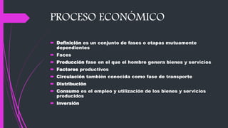 PROCESO ECONÓMICO
 Definición es un conjunto de fases o etapas mutuamente
dependientes
 Faces
 Producción fase en el que el hombre genera bienes y servicios
 Factores productivos
 Circulación también conocida como fase de transporte
 Distribución
 Consumo es el empleo y utilización de los bienes y servicios
producidos
 Inversión
 
