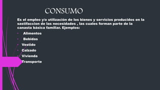 CONSUMO
Es el empleo y/o utilización de los bienes y servicios producidos en la
sastifaccion de las necesidades , las cuales forman parte de la
canasta básica familiar. Ejemplos:
• Alimentos
• Bebidas
• Vestido
• Calzado
• Vivienda
• Transporte
 