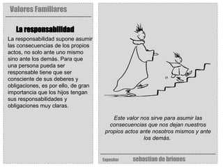 Valores Familiares Expositor   sebastian de briones La responsabilidad   Este valor nos sirve para asumir las consecuencias que nos dejan nuestros propios actos ante nosotros mismos y ante los demás.   La responsabilidad supone asumir las consecuencias de los propios actos, no solo ante uno mismo sino ante los demás. Para que una persona pueda ser responsable tiene que ser consciente de sus deberes y obligaciones, es por ello, de gran importancia que los hijos tengan sus responsabilidades y obligaciones muy claras.  