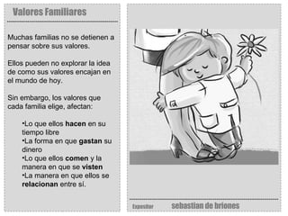 Valores Familiares Expositor   sebastian de briones Muchas familias no se detienen a pensar sobre sus valores.  Ellos pueden no explorar la idea de como sus valores encajan en el mundo de hoy.  Sin embargo, los valores que cada familia elige, afectan: Lo que ellos  hacen  en su tiempo libre La forma en que  gastan  su dinero Lo que ellos  comen  y la manera en que se  visten La manera en que ellos se  relacionan  entre sí. 