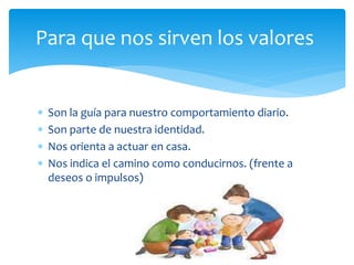  Son la guía para nuestro comportamiento diario.
 Son parte de nuestra identidad.
 Nos orienta a actuar en casa.
 Nos indica el camino como conducirnos. (frente a
deseos o impulsos)
Para que nos sirven los valores
 