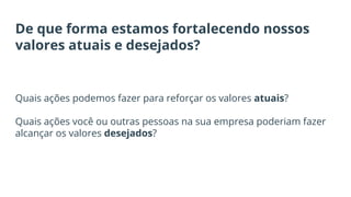 De que forma estamos fortalecendo nossos
valores atuais e desejados?
Quais ações podemos fazer para reforçar os valores atuais?
Quais ações você ou outras pessoas na sua empresa poderiam fazer
alcançar os valores desejados?
 