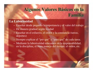Algunos Valores Básicos en la
                                Familia
La Laboriosidad
  – Enseñar desde pequeño la importancia y el valor del trabajo
  – De manera gradual según la edad
  – Enseñar en el esfuerzo, el orden y la constancia (tareas,
    deportes)
  – Siempre explicar el “por que” y “para que” de cada tarea.
  – Mediante la laboriosidad educamos en la responsabilidad,
    en la disciplina, el buen manejo del tiempo, el orden, etc.
 