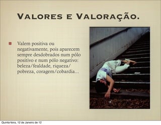 Valores e Valoração.

            Valem positiva ou
            negativamente, pois aparecem
            sempre desdobrados num pólo
            positivo e num pólo negativo:
            beleza/fealdade, riqueza/
            pobreza, coragem/cobardia...




Quinta-feira, 12 de Janeiro de 12
 