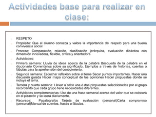 o   RESPETO
o   Propósito: Que el alumno conozca y valore la importancia del respeto para una buena
    convivencia social
o   Proceso: Comparación, relación, clasificación jerárquica, evaluación didáctica con
    dimensión innovadora, flexible, crítica y orientadora.
o   Actividades:
o   Primera semana: Lluvia de ideas acerca de la palabra Búsqueda de la palabra en el
    diccionario Comentarios sobre su significado, Ejemplos a través de historias, cuentos o
    fábulas para la aprehensión del conocimiento.
o   Segunda semana: Escuchar reflexión sobre el tema Sacar puntos importantes. Hacer una
    discusión guiada Hacer mapa conceptual de las opiniones Hacer propuestas donde se
    incluya el tema.
o   Tercera y cuarta semana: Llevar a cabo una o dos propuestas seleccionadas por el grupo
    recordando que cada grupo tiene necesidades diferentes.
o   Actividades complementarias: Uso de una frase semanal acerca del valor que se colocará
    en el pizarrón y se leerá diariamente.
o   Recursos:       Papalógrafos Tarjeta de evaluación (personal)Carta compromiso
    (personal)Manual de cuentos, frases o fábulas.
 