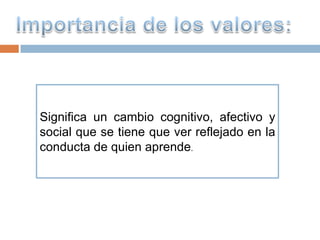 Significa un cambio cognitivo, afectivo y
social que se tiene que ver reflejado en la
conducta de quien aprende.
 
