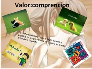 Valor:comprencion La comprensión es: cuando te pones en los zapatos de las personas y es cuando se puede entender a la gente . 
