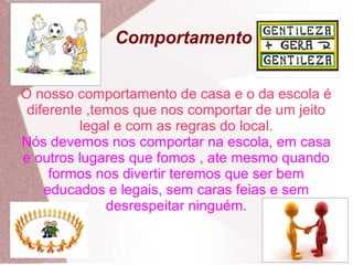 Comportamento
O nosso comportamento de casa e o da escola é
diferente ,temos que nos comportar de um jeito
legal e com as regras do local.
Nós devemos nos comportar na escola, em casa
e outros lugares que fomos , ate mesmo quando
formos nos divertir teremos que ser bem
educados e legais, sem caras feias e sem
desrespeitar ninguém.
 