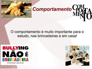 Comportamento
O comportamento é muito importante para o
estudo, nas brincadeiras e em casa!
 