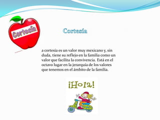 a cortesía es un valor muy mexicano y, sin
duda, tiene su reflejo en la familia como un
valor que facilita la convivencia. Está en el
octavo lugar en la jerarquía de los valores
que tenemos en el ámbito de la familia.
 