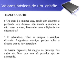 Valores básicos de um cristão

 Lucas 15: 8-10
 8 Ou qual é a mulher que, tendo dez dracmas e
 perdendo uma dracma, não acende a candeia, e
 não varre a casa, buscando com diligência até
 encontrá-la?

 9 E achando-a, reúne as amigas e vizinhas,
 dizendo: Alegrai-vos comigo, porque achei a
 dracma que eu havia perdido.

 10 Assim, digo-vos, há alegria na presença dos
 anjos de Deus por um só pecador que se
 arrepende.
 