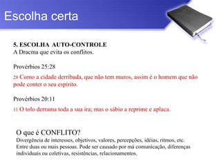 Escolha certa

 5. ESCOLHA AUTO-CONTROLE
 A Dracma que evita os conflitos.

 Provérbios 25:28
 28Como a cidade derribada, que não tem muros, assim é o homem que não
 pode conter o seu espírito.

 Provérbios 20:11
 11   O tolo derrama toda a sua ira; mas o sábio a reprime e aplaca.


  O que é CONFLITO?
  Divergência de interesses, objetivos, valores, percepções, idéias, ritmos, etc.
  Entre duas ou mais pessoas. Pode ser causado por má comunicação, diferenças
  individuais ou coletivas, resistências, relacionamentos.
 
