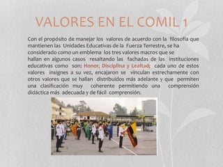 VALORES EN EL COMIL 1
Con el propósito de manejar los valores de acuerdo con la filosofía que
mantienen las Unidades Educativas de la Fuerza Terrestre, se ha
considerado como un emblema los tres valores macros que se
hallan en algunos casos resaltando las fachadas de las instituciones
educativas como son: Honor, Disciplina y Lealtad; cada uno de estos
valores insignes a su vez, encajaron se vinculan estrechamente con
otros valores que se hallan distribuidos más adelante y que permiten
una clasificación muy coherente permitiendo una comprensión
didáctica más adecuada y de fácil comprensión.
 
