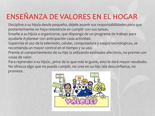 ENSEÑANZA DE VALORES EN EL HOGAR
Discipline a su hijo/a desde pequeño, déjele asumir sus responsabilidades para que
posteriormente no haya resistencia en cumplir con sus tareas.
Enseñe a su hijo/a a organizarse, que disponga de un programa de trabajo para
ayudarle A planear con anticipación cada actividad.
Supervise el uso de la televisión, celular, computadora y juegos tecnológicos, se
recomienda un mayor control en el tiempo y su uso.
Premie el comportamiento de su hijo /a utilizando estímulos afectivos, no premie con
cosas de valor.
Para reprender a su hijo/a , prive de lo que más le guste, esto le dará mayor resultado.
No ofrezca algo que no puede cumplir, no cree en su hijo /ala desconfianza, no
prometa .
 