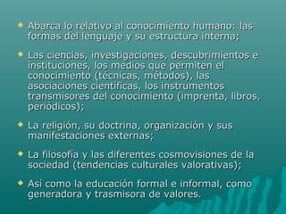    Abarca lo relativo al conocimiento humano: las
    formas del lenguaje y su estructura interna;
   Las ciencias, investigaciones, descubrimientos e
    instituciones, los medios que permiten el
    conocimiento (técnicas, métodos), las
    asociaciones científicas, los instrumentos
    transmisores del conocimiento (imprenta, libros,
    periódicos);
   La religión, su doctrina, organización y sus
    manifestaciones externas;
   La filosofía y las diferentes cosmovisiones de la
    sociedad (tendencias culturales valorativas);
   Así como la educación formal e informal, como
    generadora y trasmisora de valores.
 