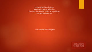 Universidad Fermín toro
Vice-rectorado académico
Facultad de ciencias políticas y jurídicas
Escuela de derecho
Los valores del Abogado
José Arrieche
C.I 26.049376
 
