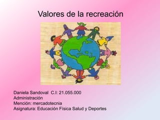 Valores de la recreación

Daniela Sandoval C.I: 21.055.000
Administración
Mención: mercadotecnia
Asignatura: Educación Física Salud y Deportes

 